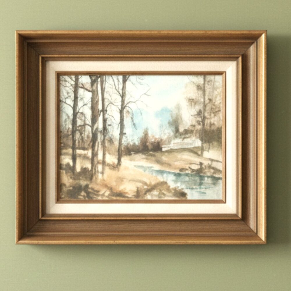 Hecho En Mexico Vintage Golden tone Wooden Picture Frame with signed Print